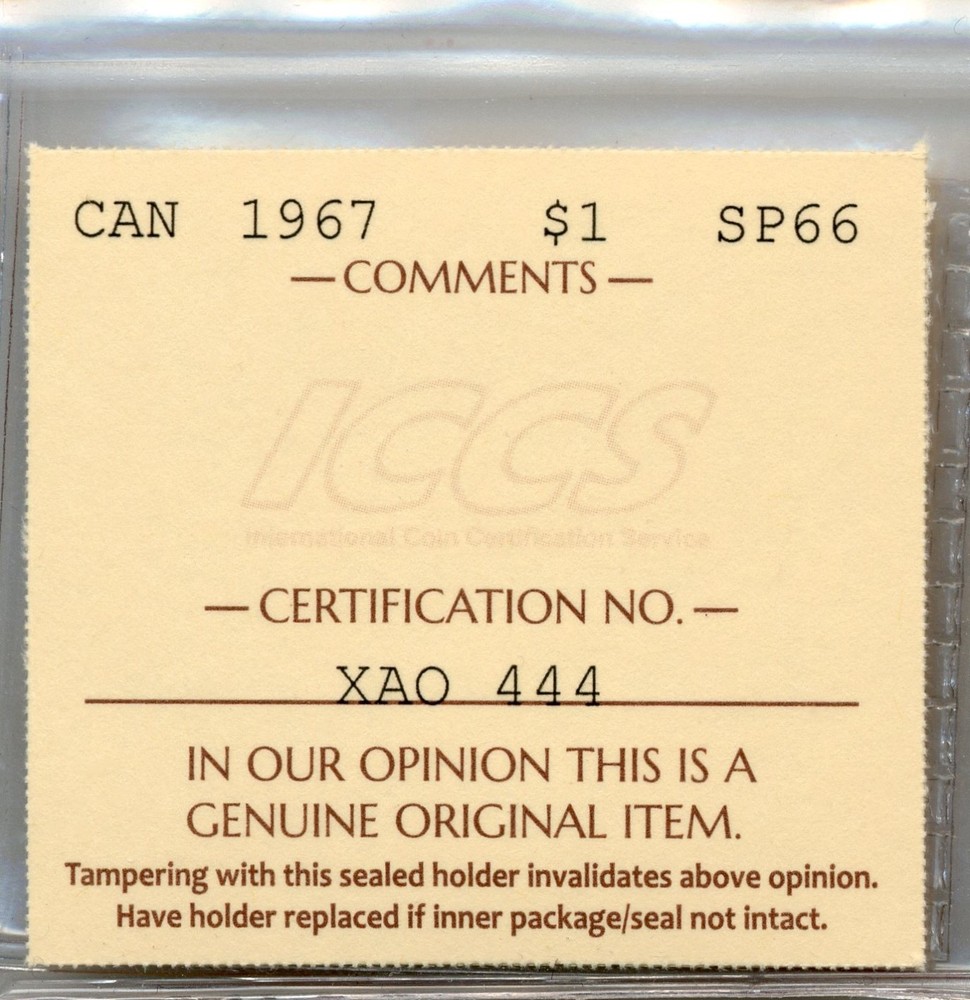 1967 Canada $1, Specimen, ICCS SP66