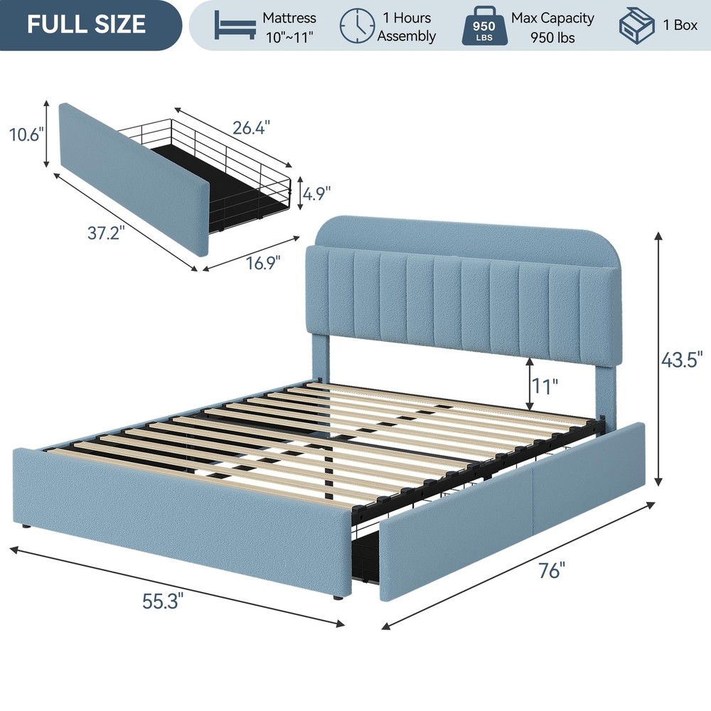 Full Size Upholstered Bed Frame & Headboard ,Boucle Platform Bed with 2 Drawers