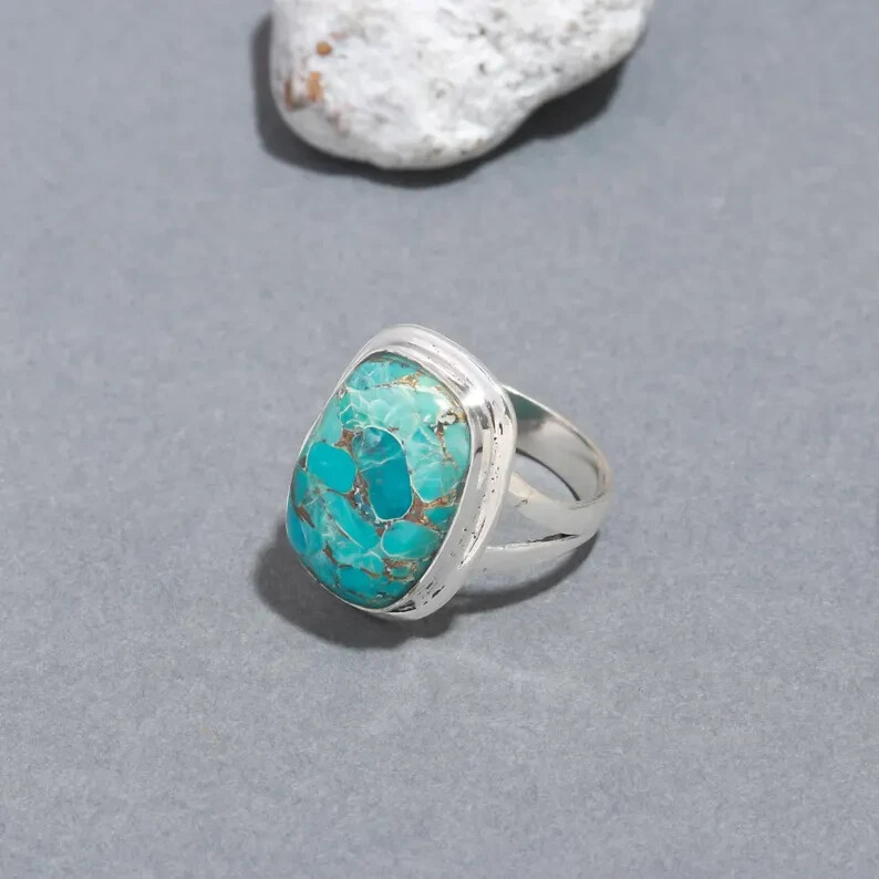 Natural Mohave Turquoise 925 Sterling Silver Band& Statement Ring Handmade Ring