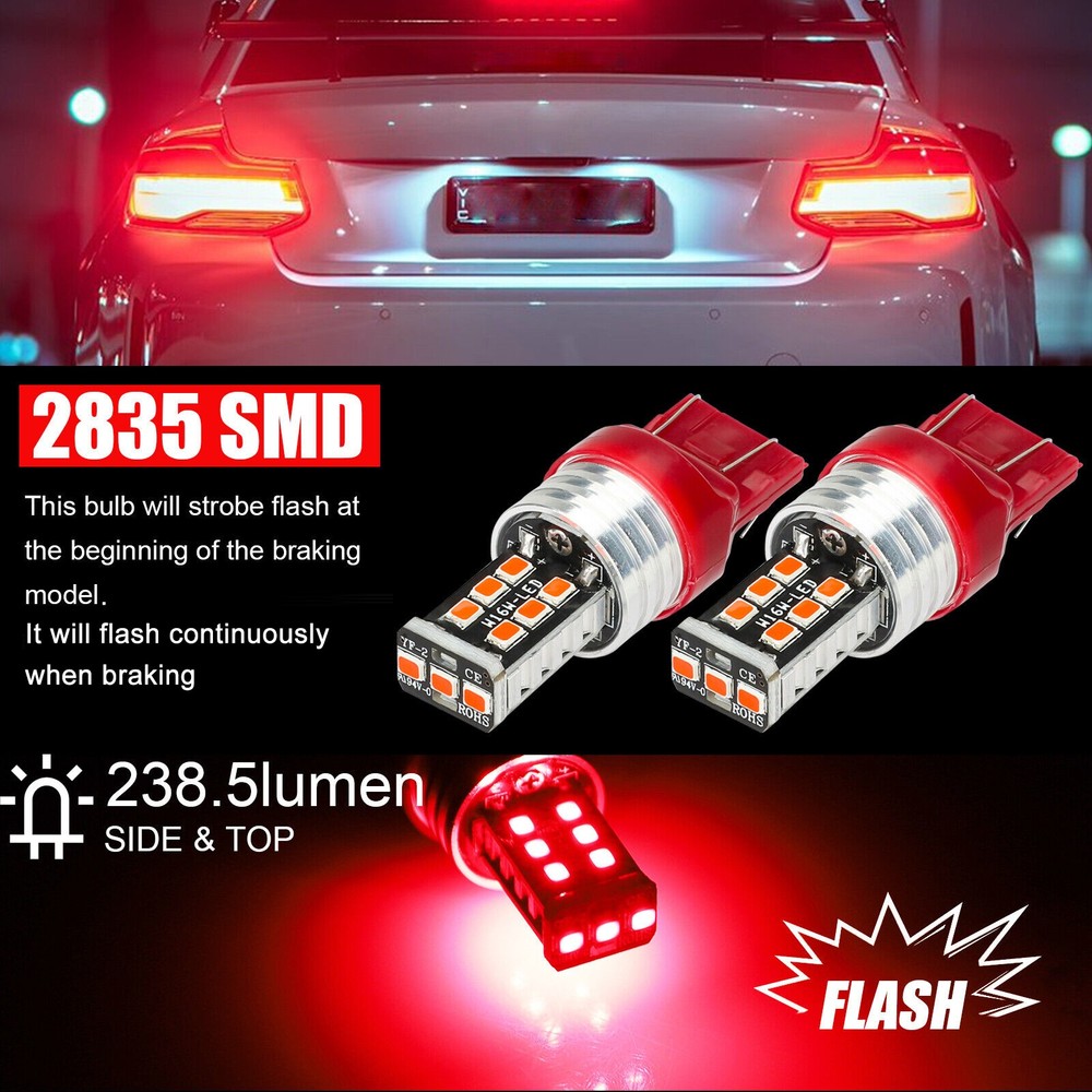 4PCS 7443 7440 LED Red Strobe Flash Blinking Brake Stop Tail Parking Light Bulbs