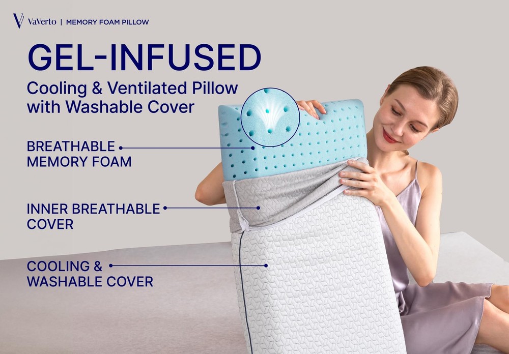 Cooling Memory Foam Pillow - 1-Pack - Standard Size Bed Pillows For Sleeping ...