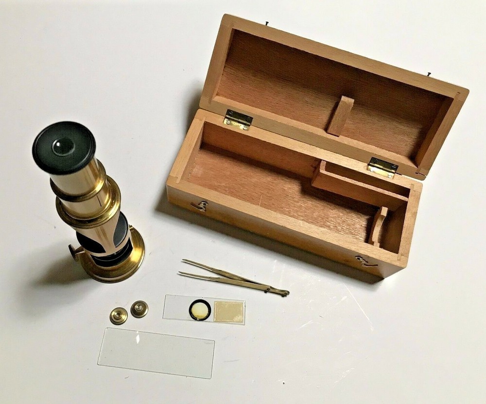 Antique Brass Pocket Microscope In Original Box
