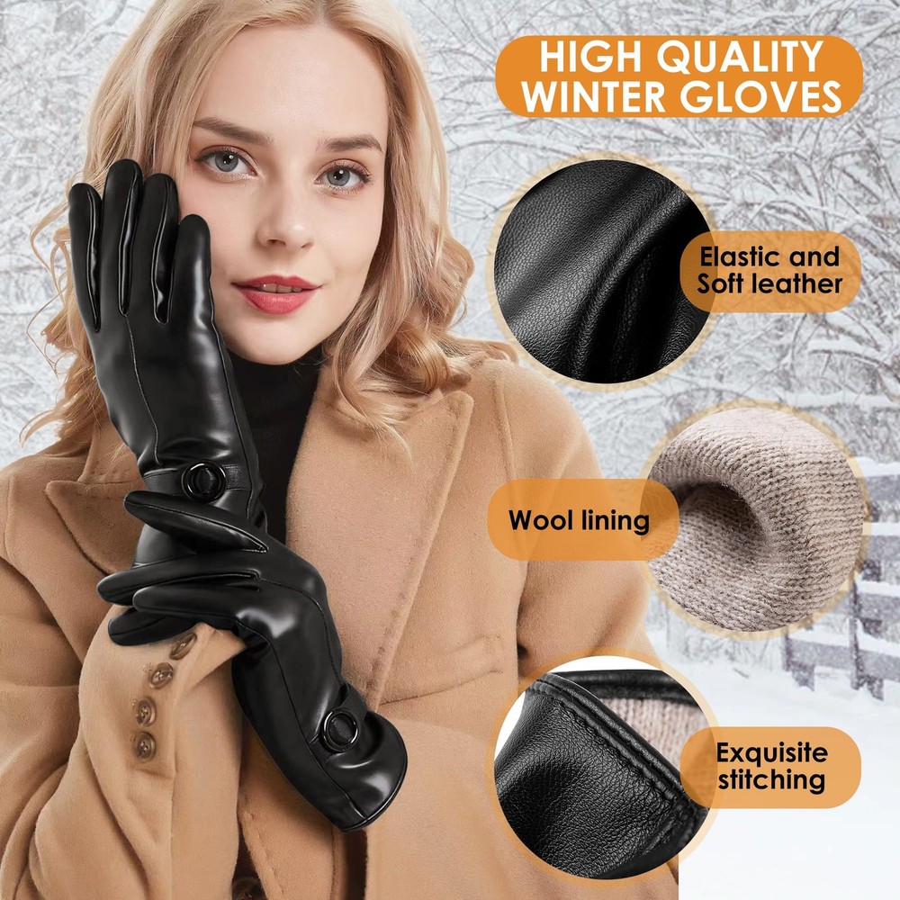 Dsane Womens Winter Leather Gloves Touchscreen Texting Warm Medium, Black