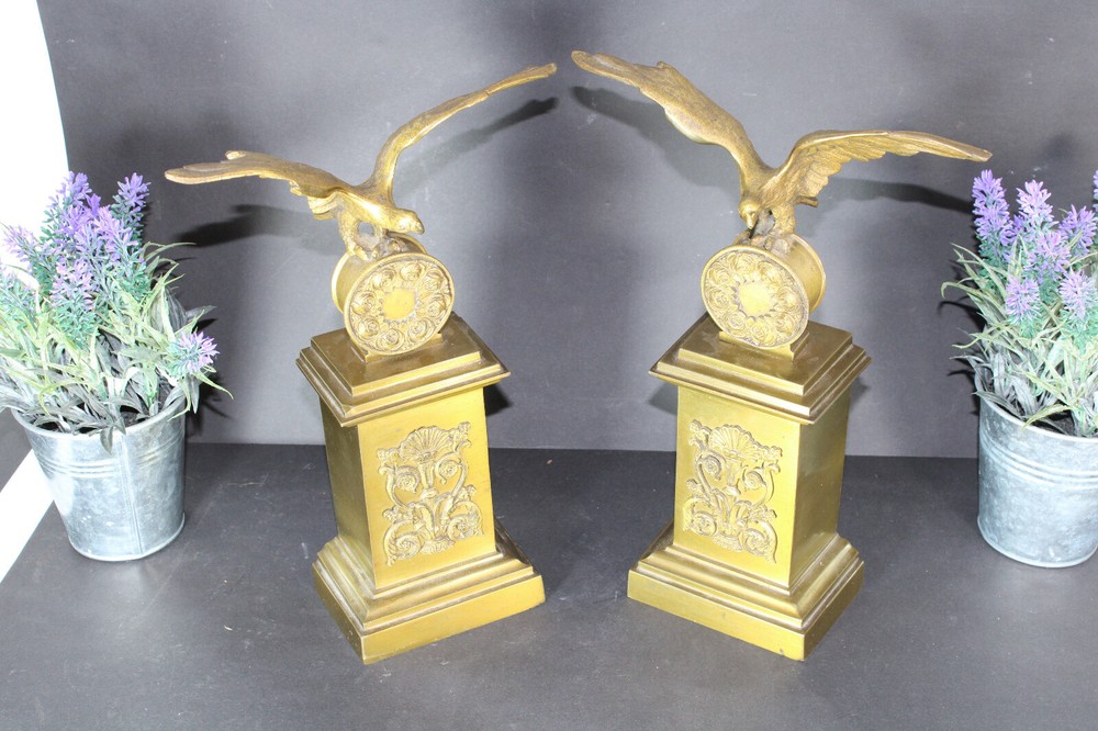 PAIR Antique bronze fireplace andirons eagle empire design