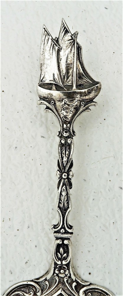 German Solid Silver Desert Entree Pierced Server Engraved Design Sail Ship End