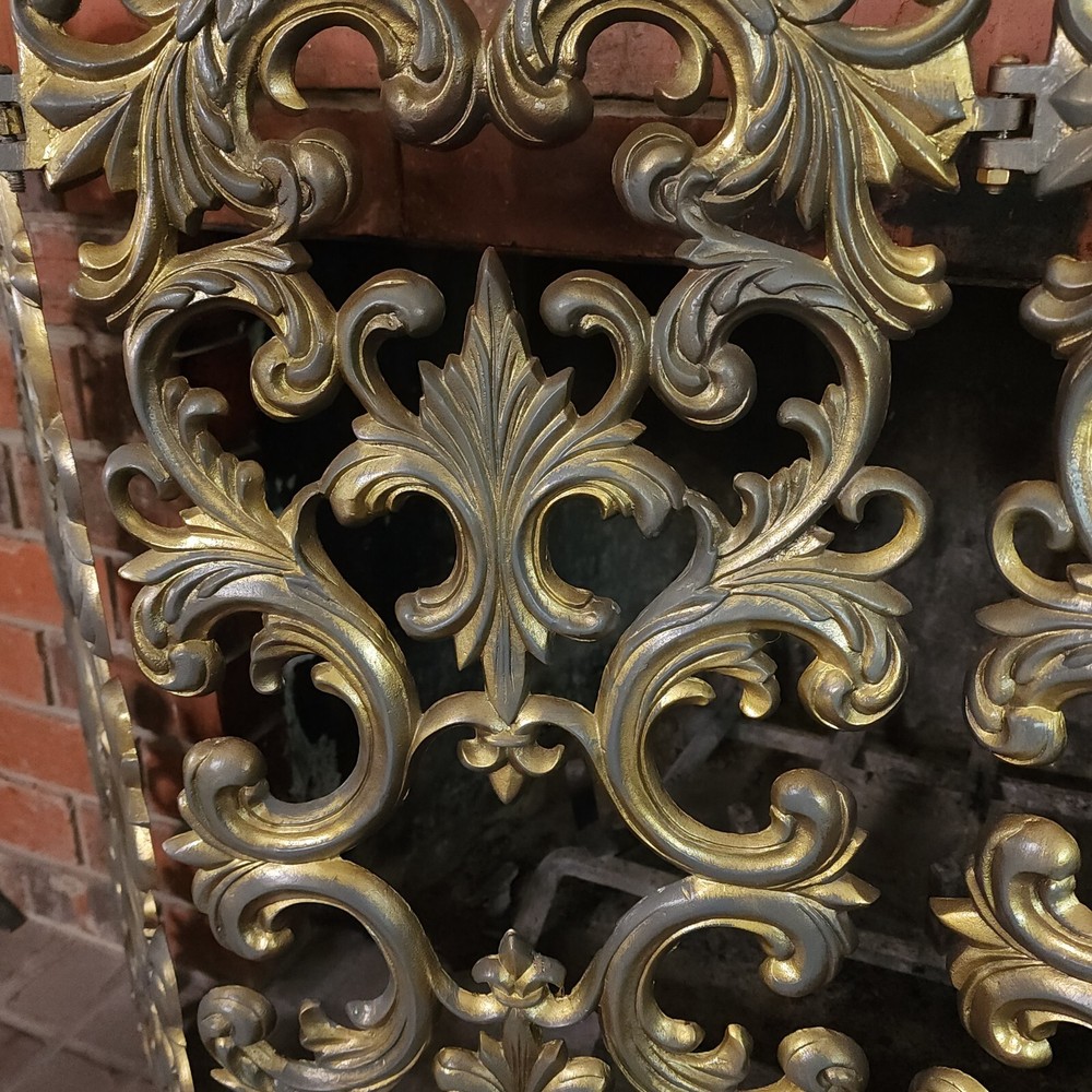 Vintage Fireplace Cast Iron 4 Panel Fire Screen Gold 54”x 29 1/2” Foldable