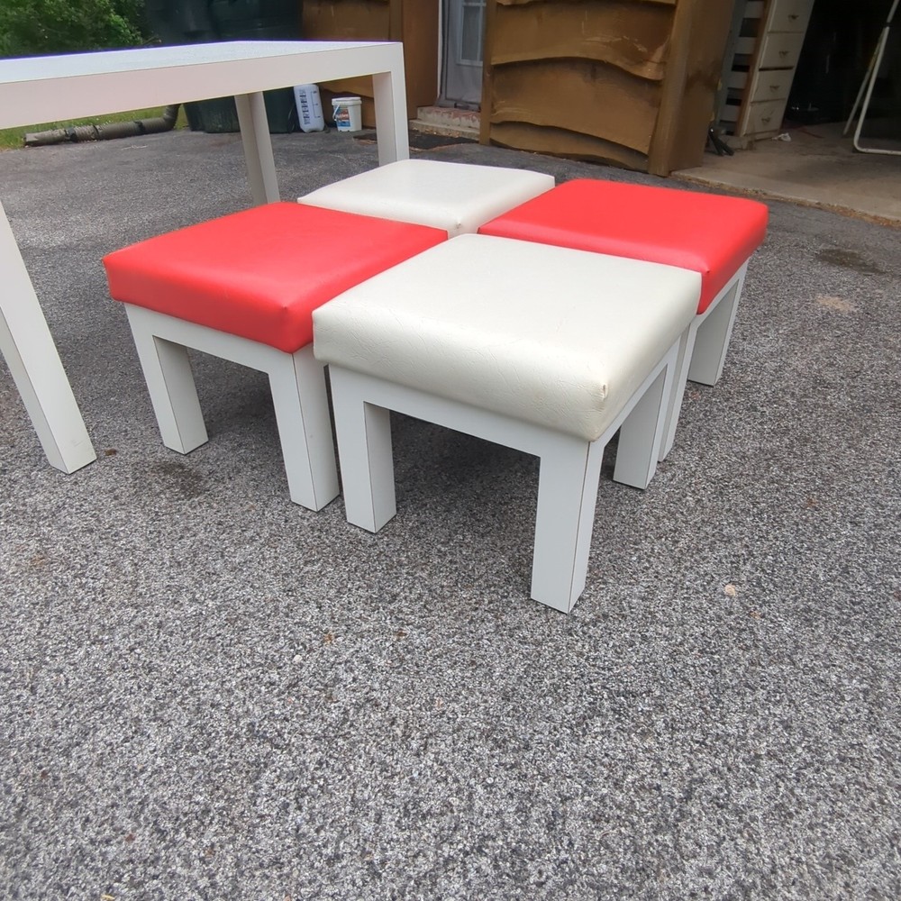 Vintage 80s Postmodern Laminate Parsons Table with 4 Upholstered Stools