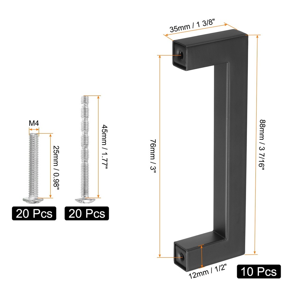 10 Pack Square Bar Drawer Handles, 4" Hole Center Kitchen Cabinets Pull, Black