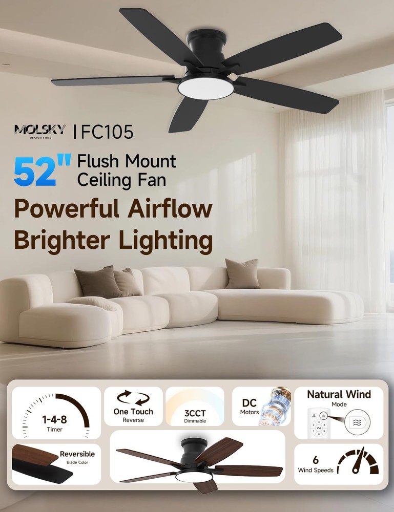 Flush Mount Ceiling Fan with Light, 52 Inch, Remote Control, 3CCT Dimmable LE...