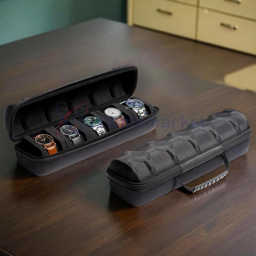 5-Compartment Portable Watch box - With Handle, Flip-Top Lid, and Soft Lining