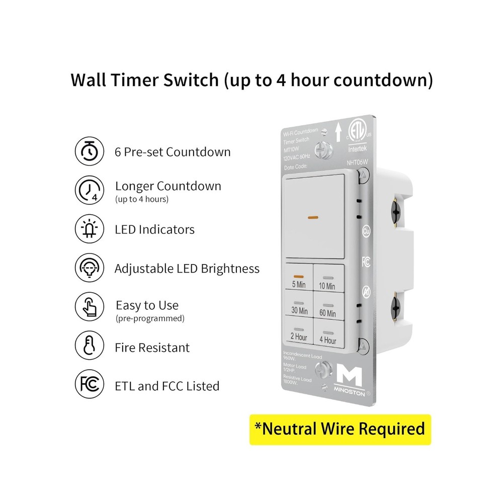 Minoston WiFi Timer Switch - Smart Countdown Timer, 5-15-30 Minutes... Fast Ship