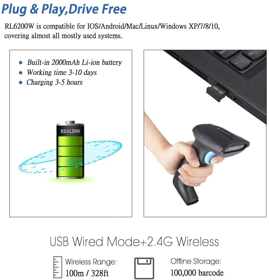 Realinn RL6200W Wireless Barcode Scanner 1D 2D QR Code Scanner USB Rechargeable