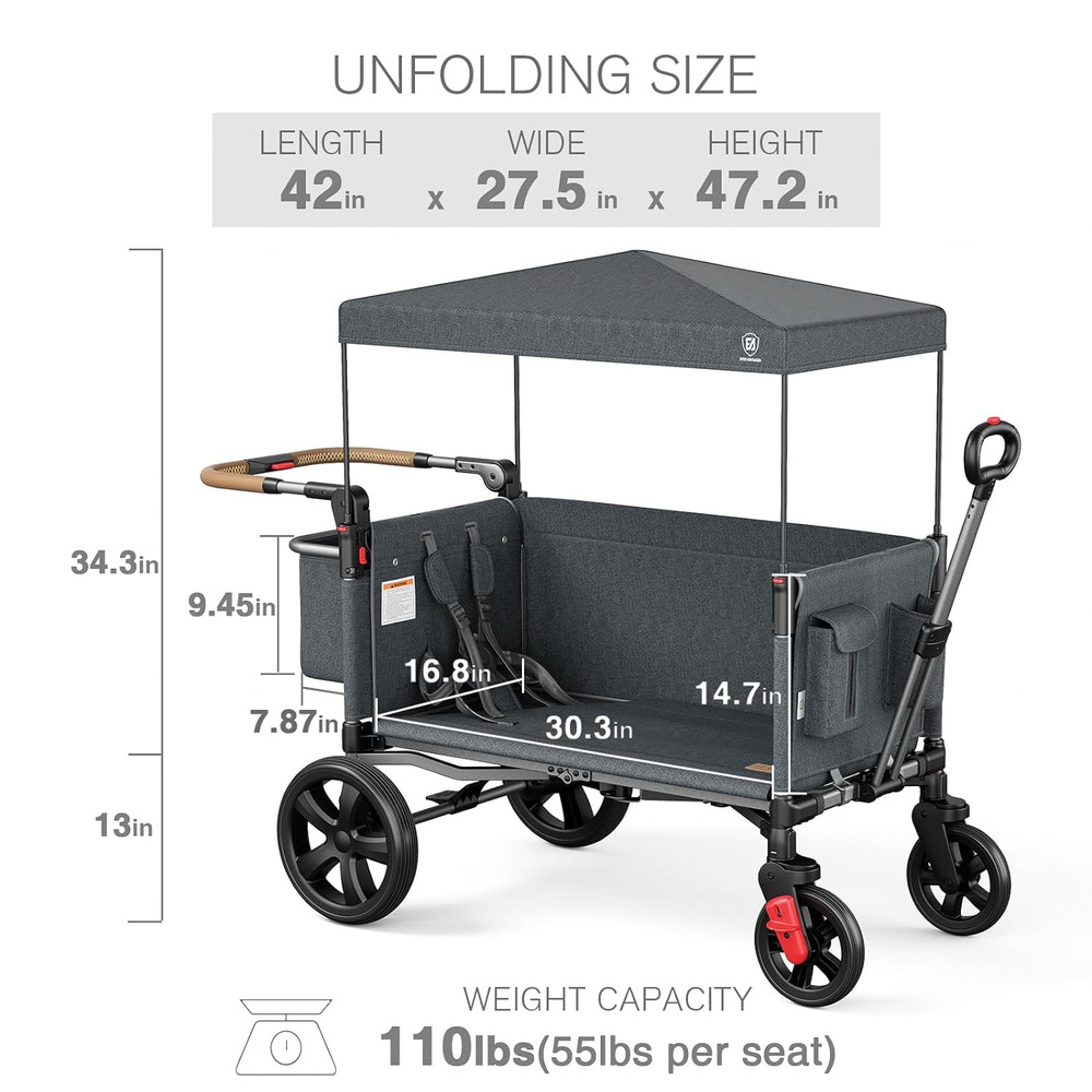 Side-Unzip Wagon Stroller for 2 Kids, Push Pull Stroller with Adjustable Handle,