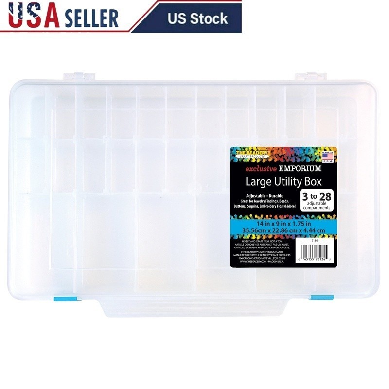 Large Utility Box 3-28 Adjustable Compartments Clear Plastic Craft Organizer New