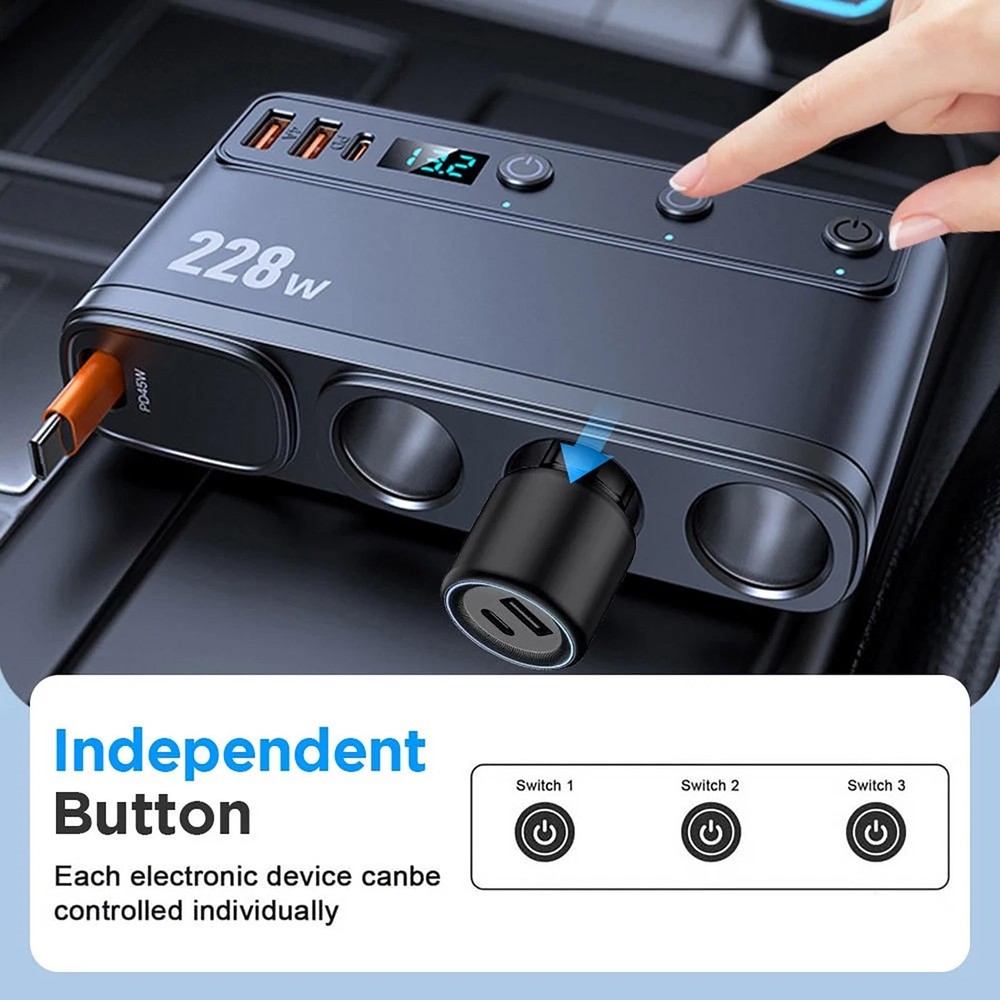 Multi Function Car Charger 9-in-1 with 3 Cigarette Lighter Sockets 6 USB 228W