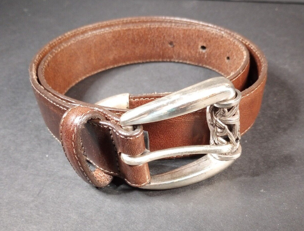 Brighton Brown Leather Belt - Silver Buckle w/ Stitched Leather size 31