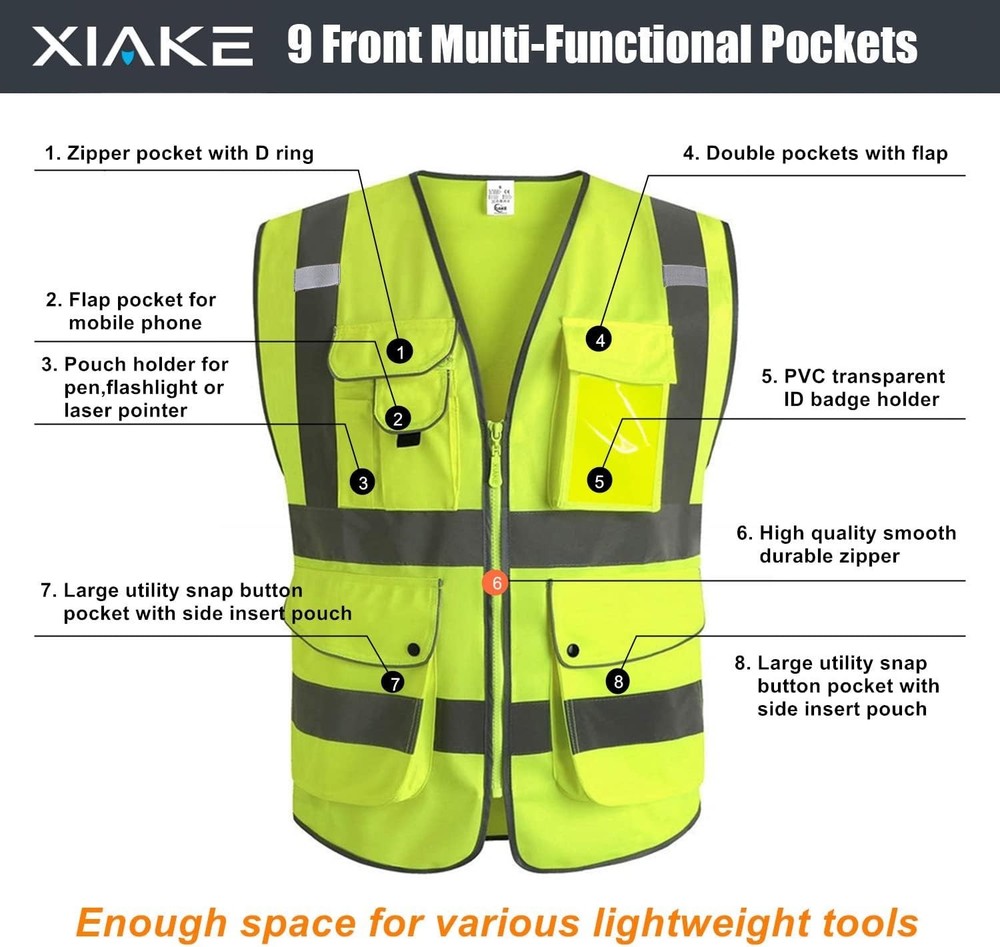 High Visibility Class 2 Safety Vest - 9 Multi-Function Pockets for Professionals
