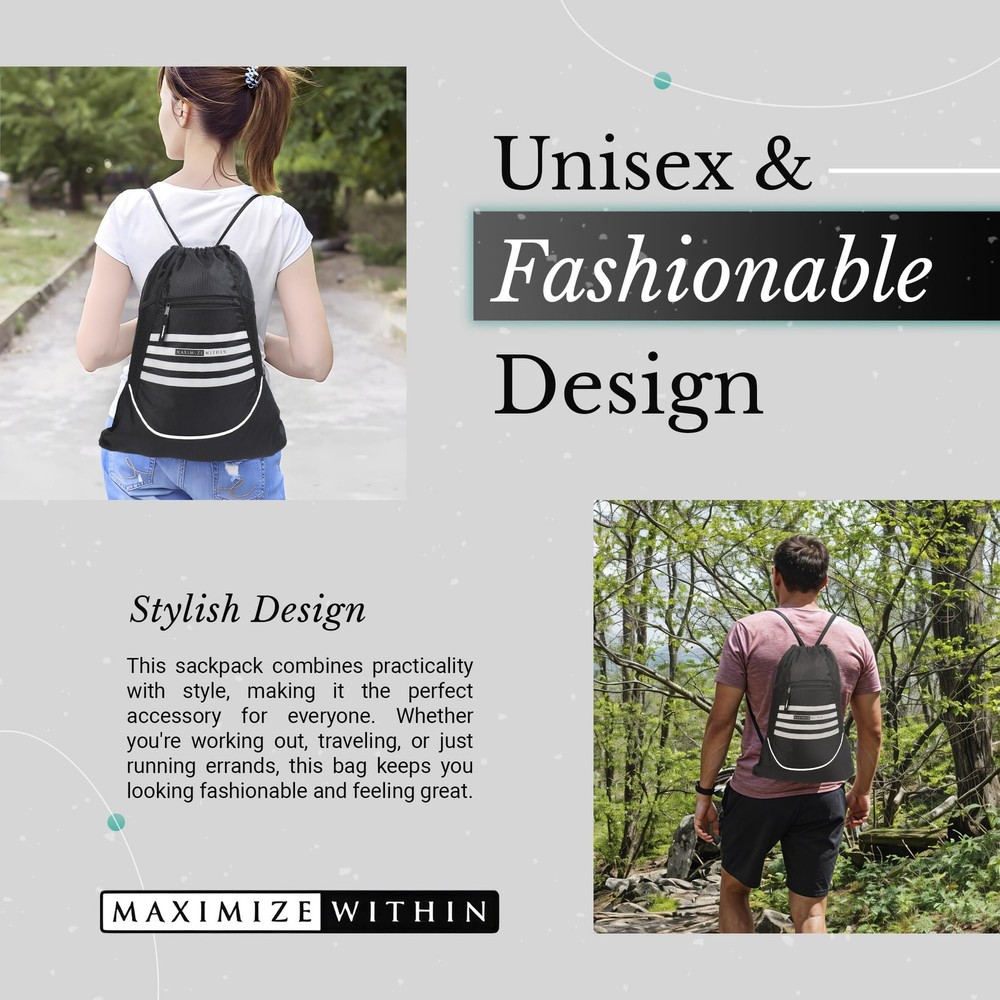 Maximize Within Durable Water-Resistant Drawstring Sackpack – Large, Black
