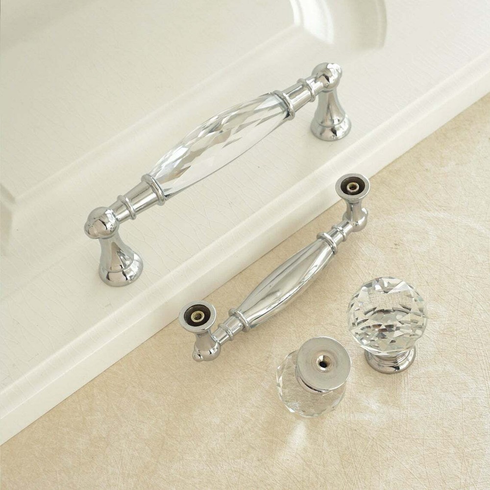 3.75" 5"Crystal Dresser Knobs Drawer Handles Pulls Chrome Silver Modern Cupboard