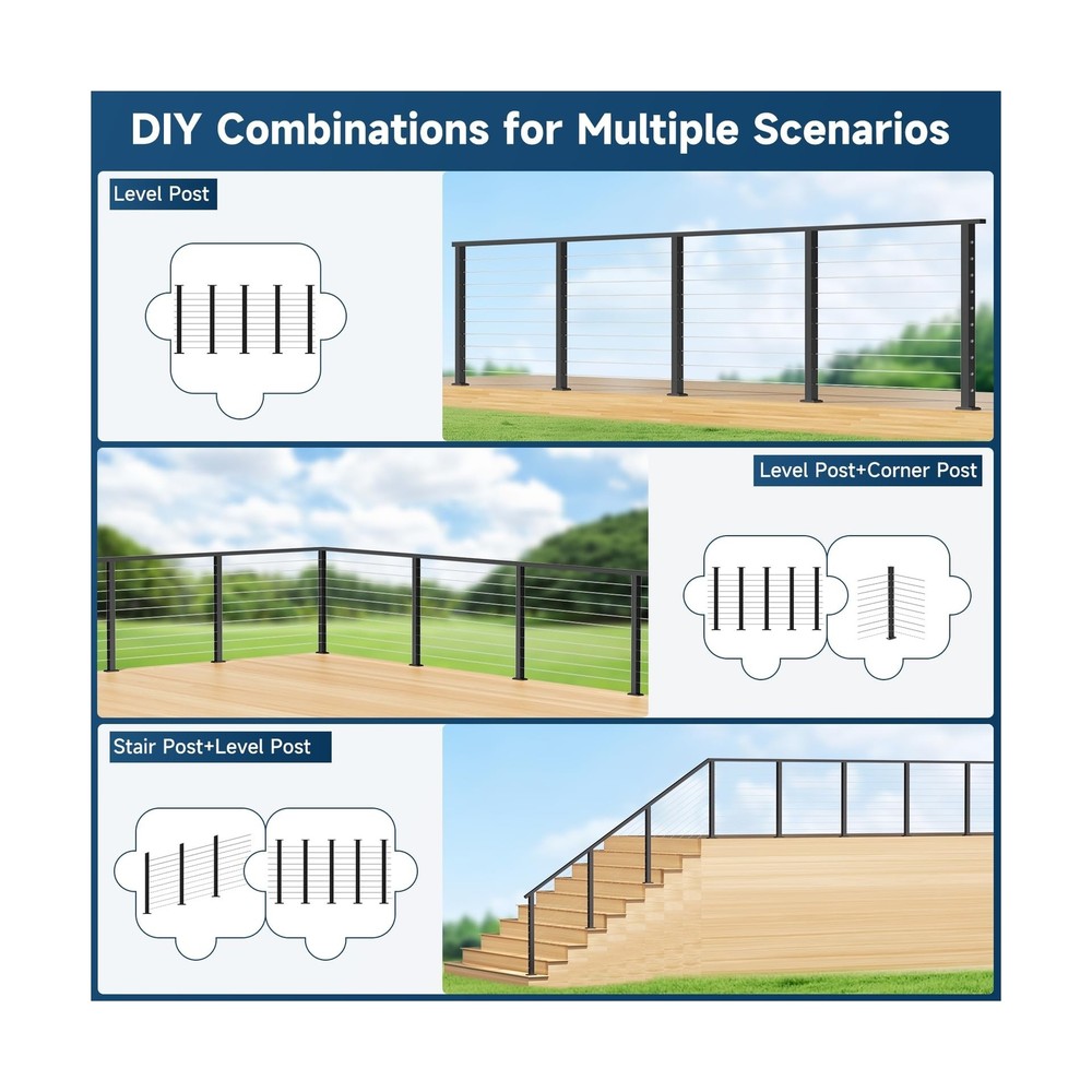 One-Stop Cable Railing Post Kit, 5 Pack Level Drilled Line Post 36", Fixed To...