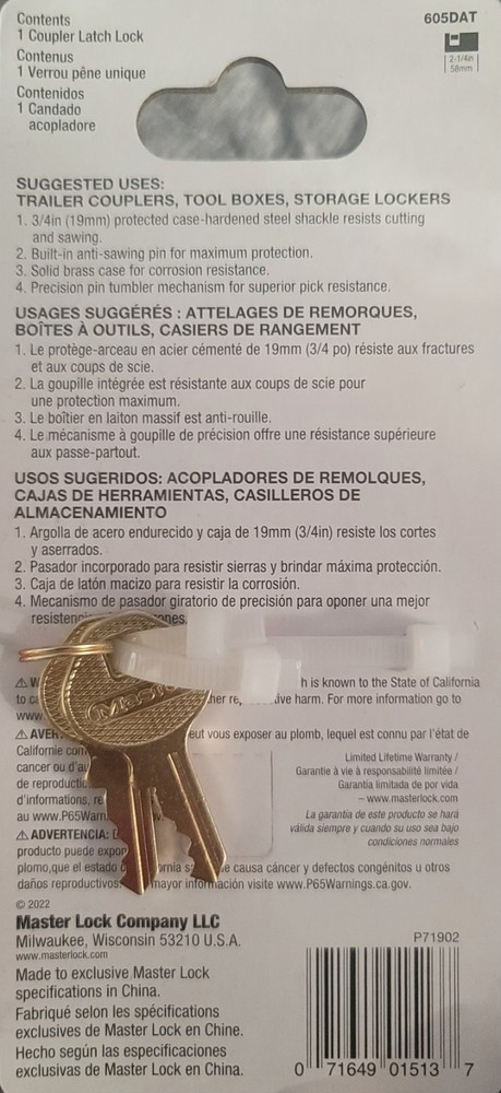 Masterlock Solid Brass Trailer Coupler Latch LOCK CANDADO with 2 KEYS