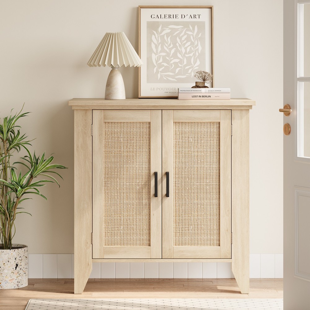 Buffet Cabinet for Storage, Kitchen Sideboard With Rattan Doors Adjustable Shelf