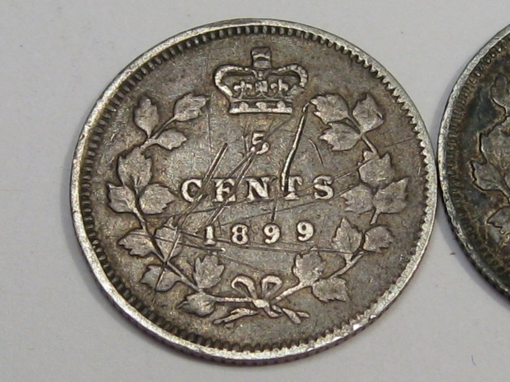 2 Victoria Silver 5¢ Cent CANADA: 1899 & 1888 Both w/ Problems - Bent/Scratched.