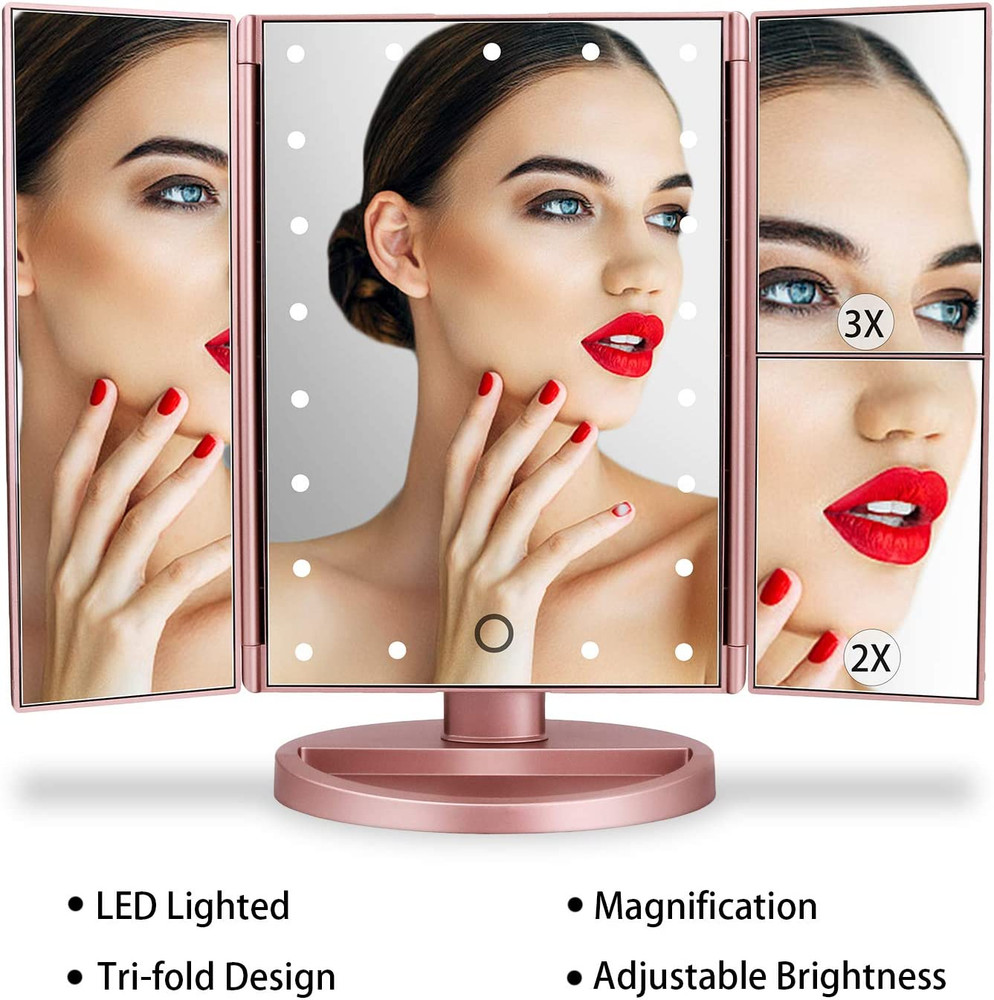 Tri Fold LED Makeup Mirror 21 LED Lighted Vanity Mirror 3X 2X 1X Touch