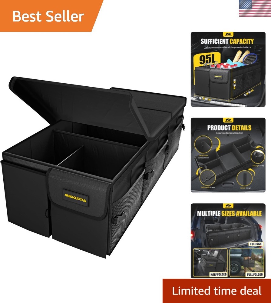 Versatile 95L Car Storage Organizer with Lid - Collapsible & Multi-Pocket Design