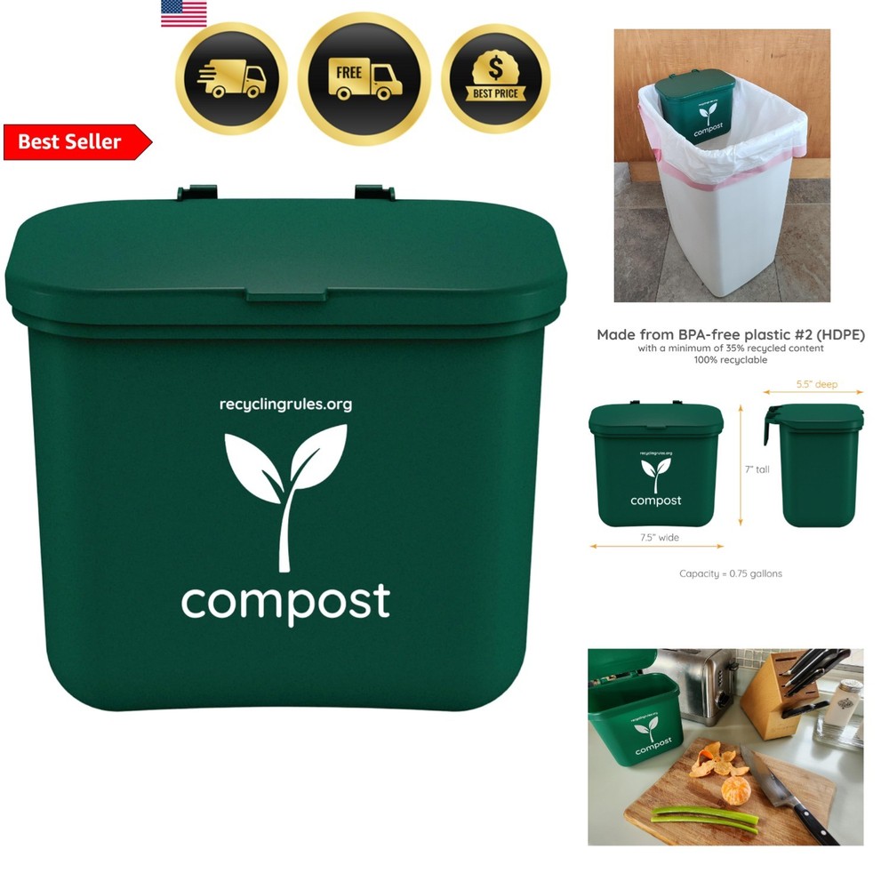 Mini Green Compost Bin Container for Kitchen Trash Hanging or Countertop