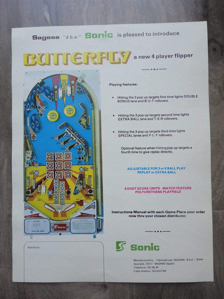 Butterfly Pinball Machine Flyer / Original Sonic Brochure