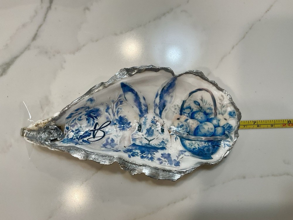 6.5”Oyster Shell Blue & White Bunny with Decorated Eggs