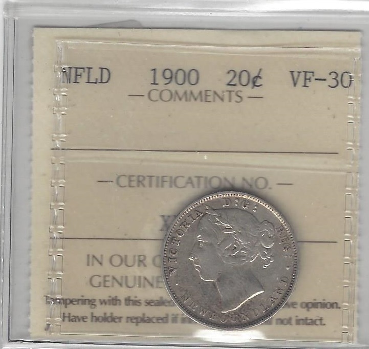 1900 ICCS Graded Newfoundland, Twenty Cent **VF-30**