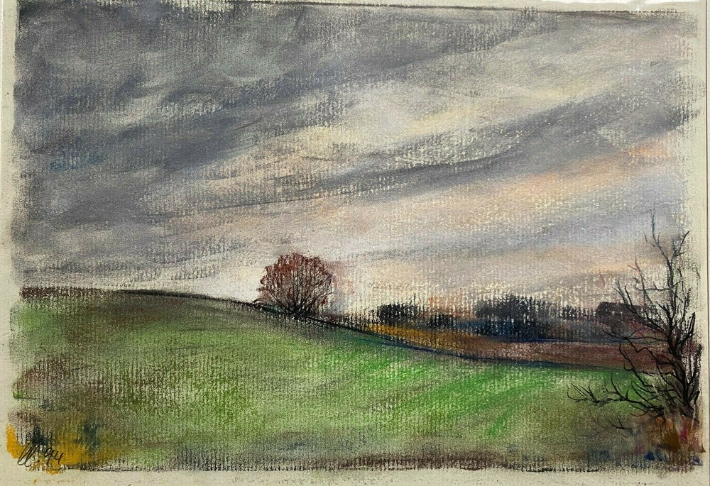 ::FRANZ EHMKE *1928 -2018 BERLIN TREE IN FIELD CLOUDS DARK PASTEL SIGNED