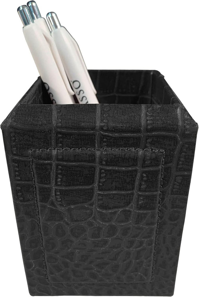 Black Crocodile Embossed Leather Pencil Cup