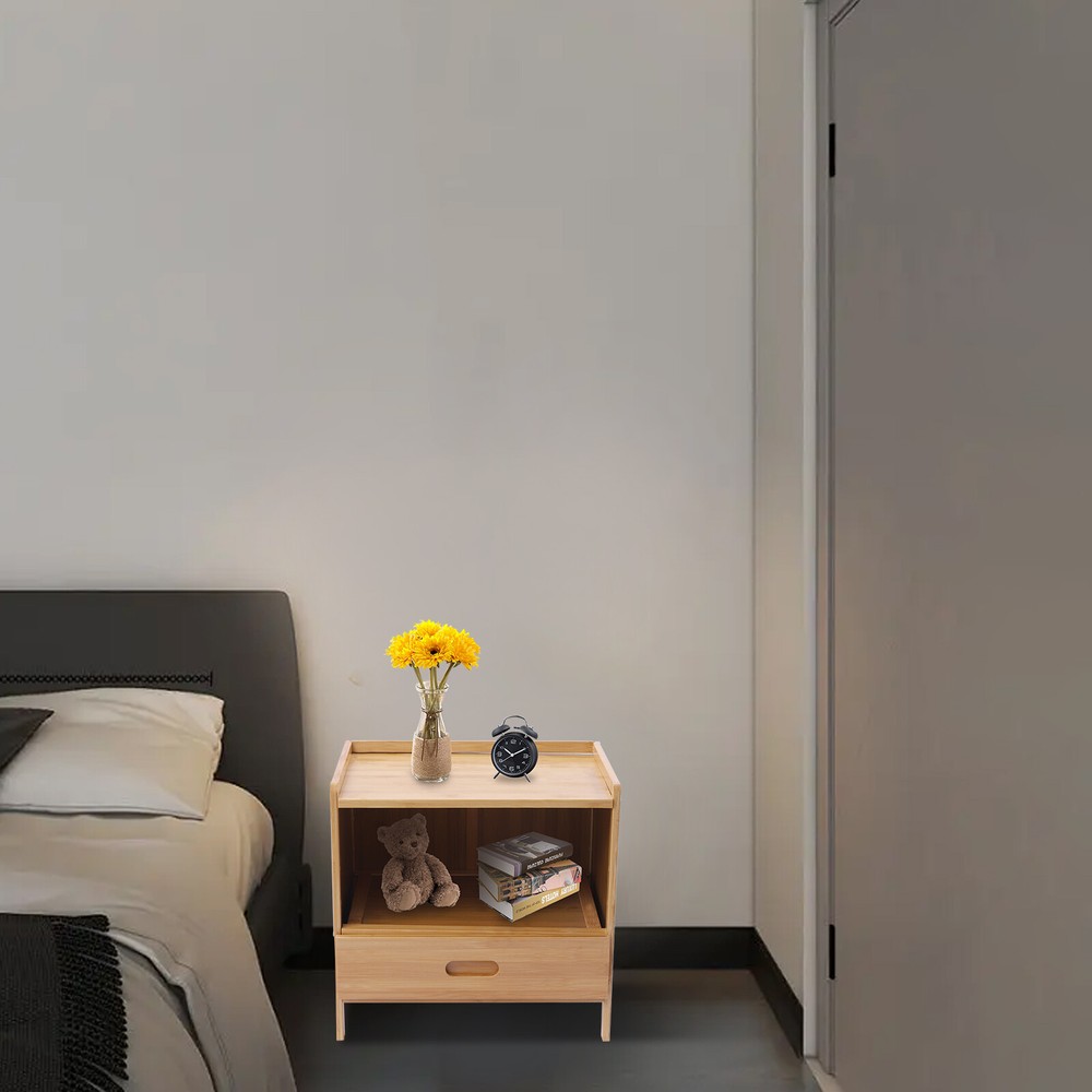 Modern Bamboo End Table with Drawer - Versatile Bedroom Side Table