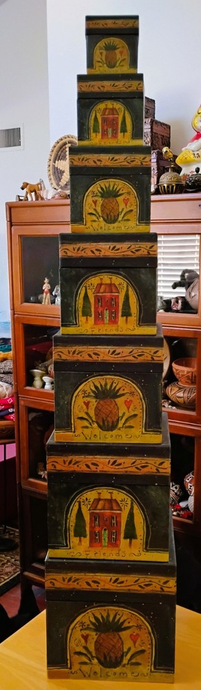 7 Bob's Boxes Primitive Welcome Friends Stackable Nesting Susan Winget Design