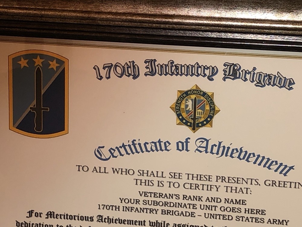 170TH INFANTRY BRIGADE - COA / (COMMEMORATIVE CERTIFICATE)