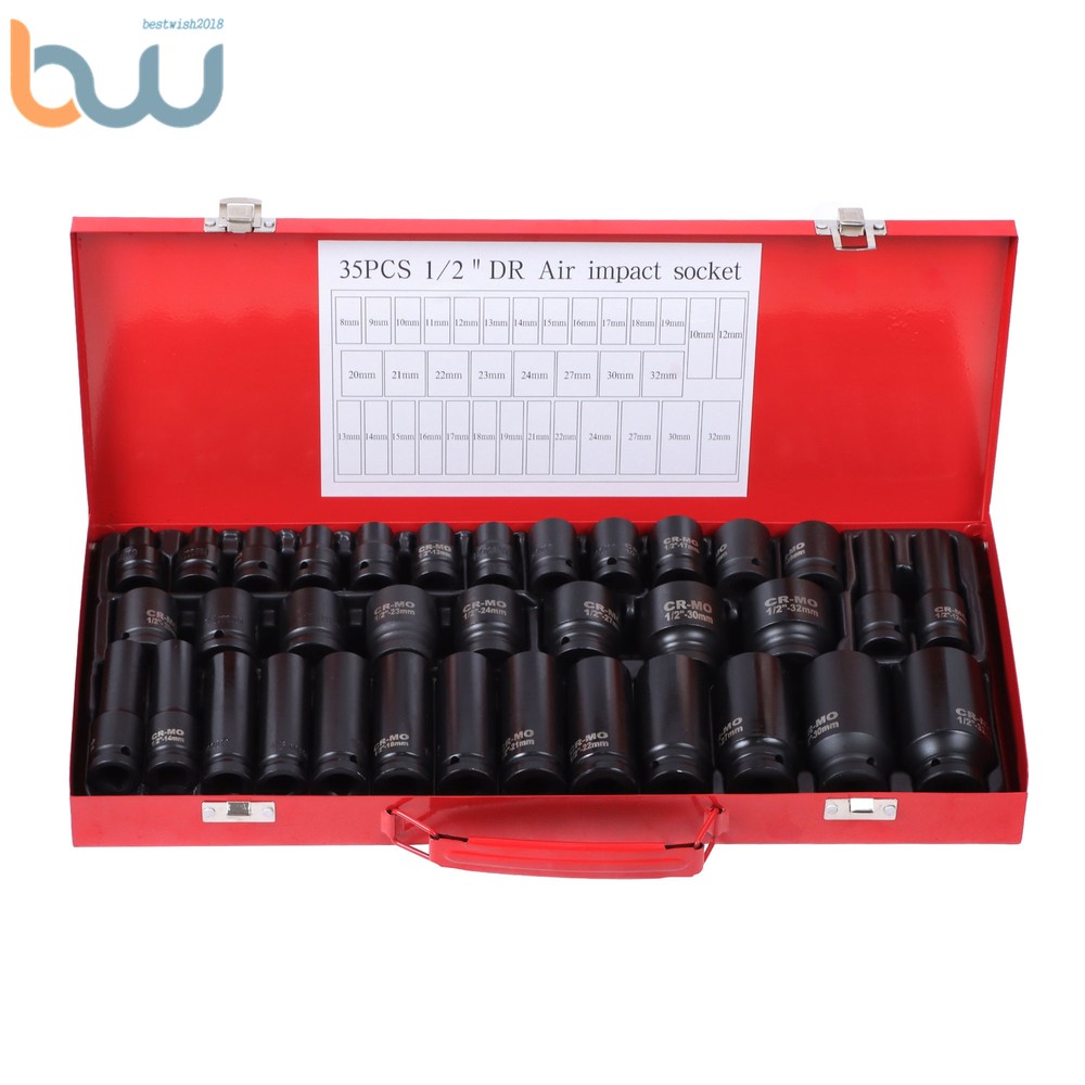 1/2 Inch Drive Deep Impact Socket Tool Set Metric Garage Workshop Tools 35pcs
