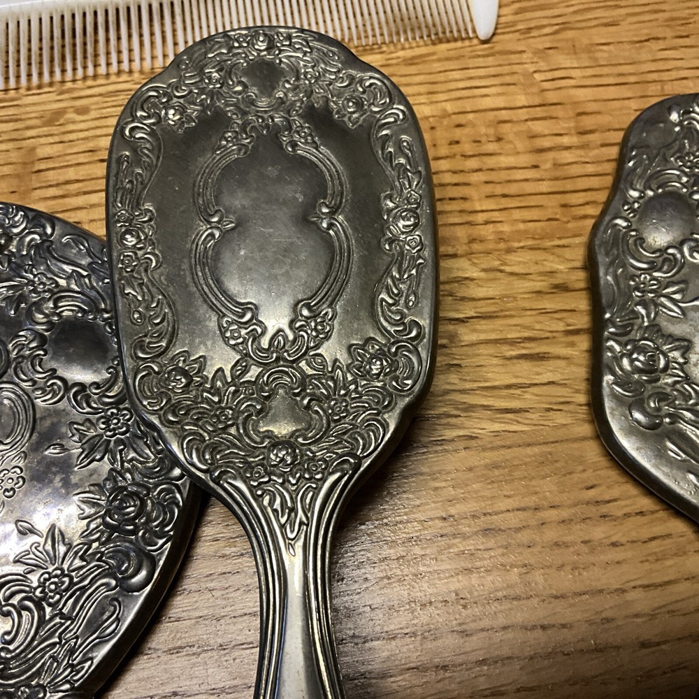 4 Piece Heavy Silver Color, Brush & Comb And 2 Handheld Mirrors