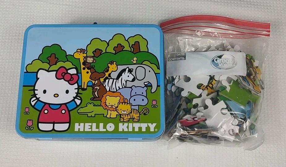 Hello Kitty Zoo Tin Lunch Box w/ handle 2012 Sanrio includes puzzle