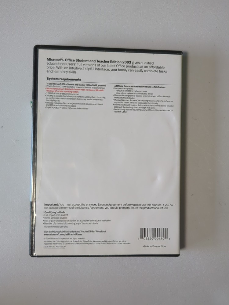 Microsoft Office Student and Teacher Edition 2003 Word Excel w/Key