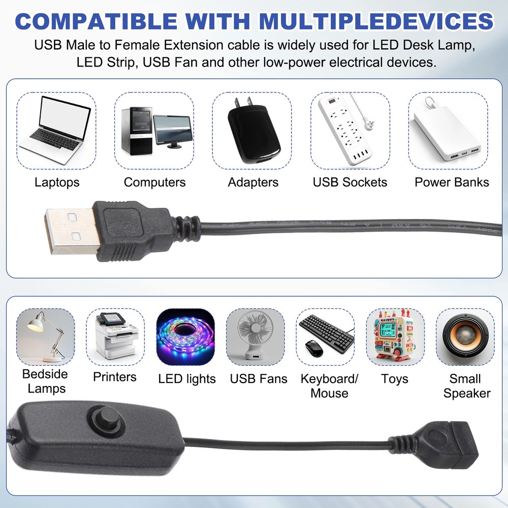 3.28ft USB Extension Cable with Switch 1pcs Button Switch Power Data Cable Black