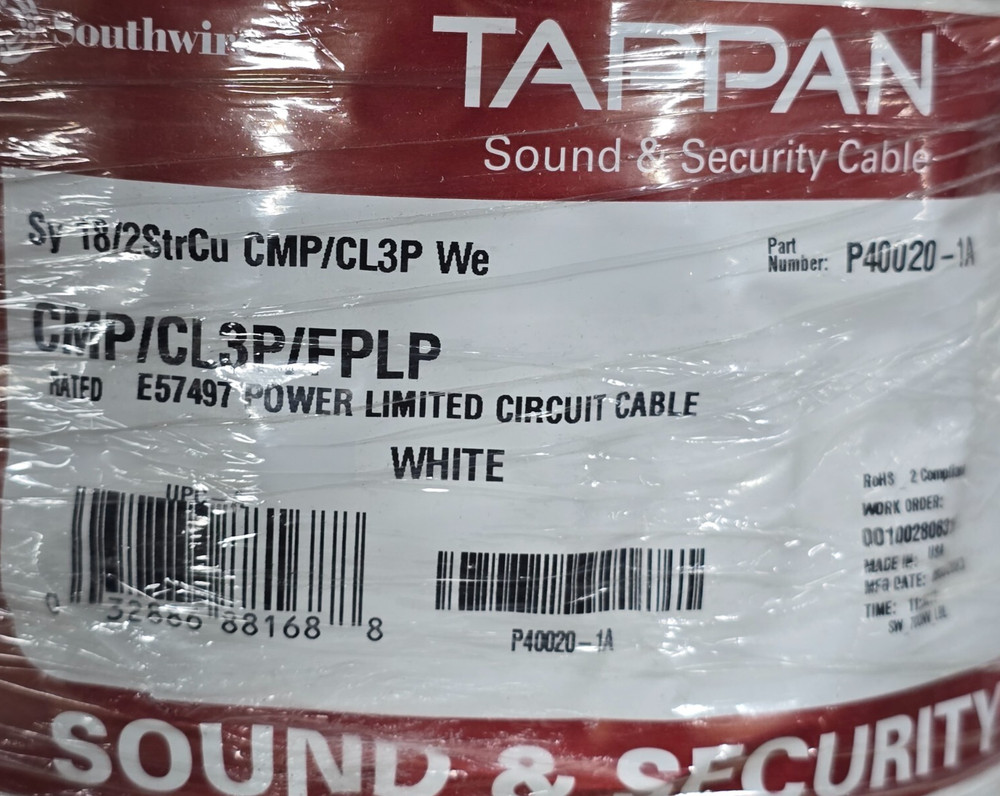 Southwire/Tappan 18/2C Plenum Stranded Security/Alarm Cable CMP White /100ft