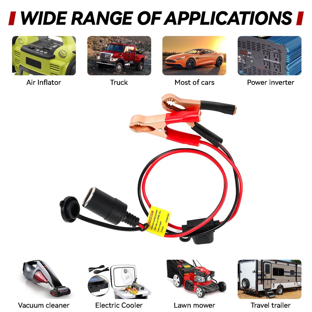 Cigarette Lighter Extension Cable Car Battery Alligator Clip Socket Adapter 2ft