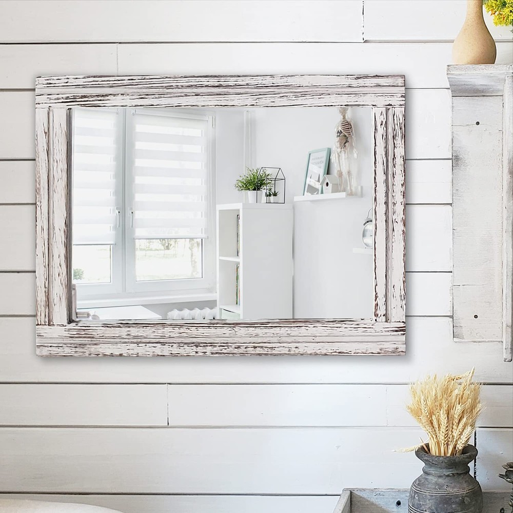 Rustic Mirror Wood Framed Wall Mirror 20"x16" Rectangle Decorative Bedroom Ba...