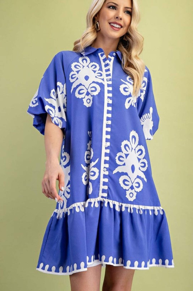 Umgee Blue Print Dress Plus