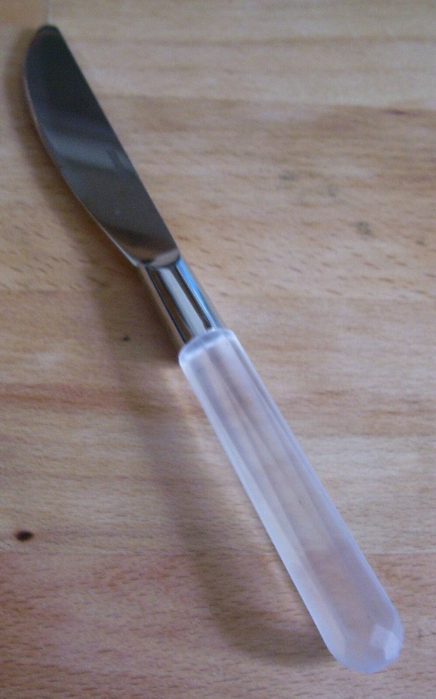 1 Lucite Dinner Knife Stainless Clear White Handle