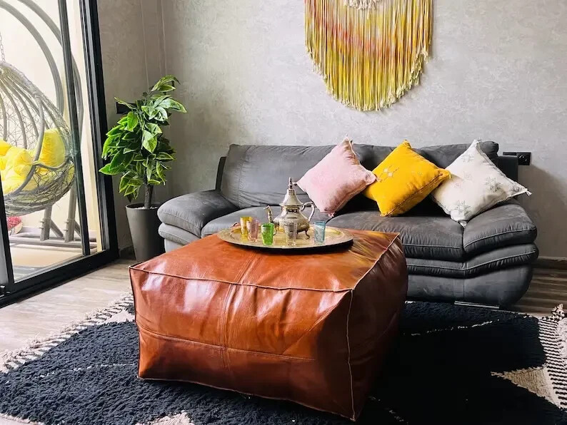Square Goat Classic Moroccan Footstool Boho Leather Handmade Ottoman Pouffe