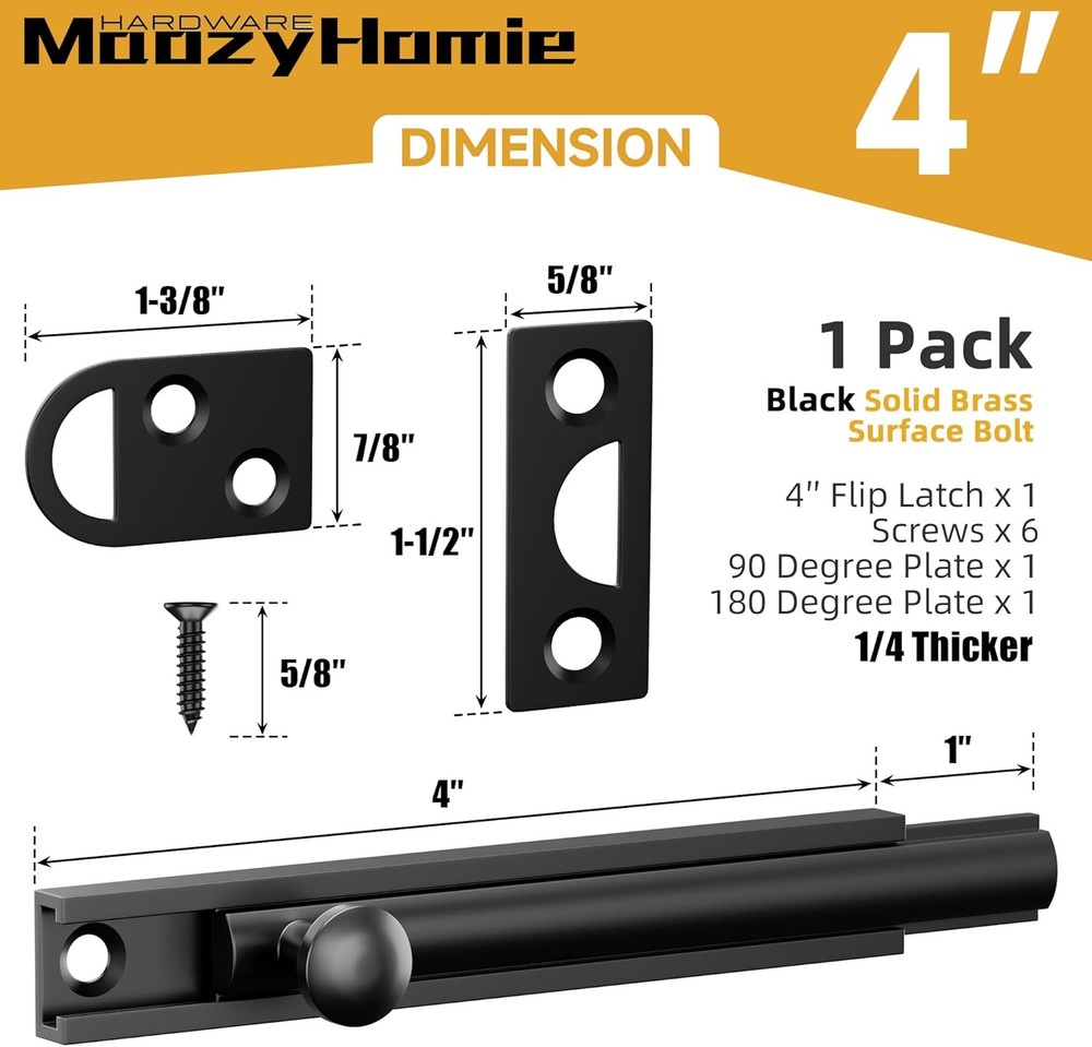 4 Inch Solid Brass Surface Bolt, Heavy Duty Concealed Slide Surface Door Bolt, S
